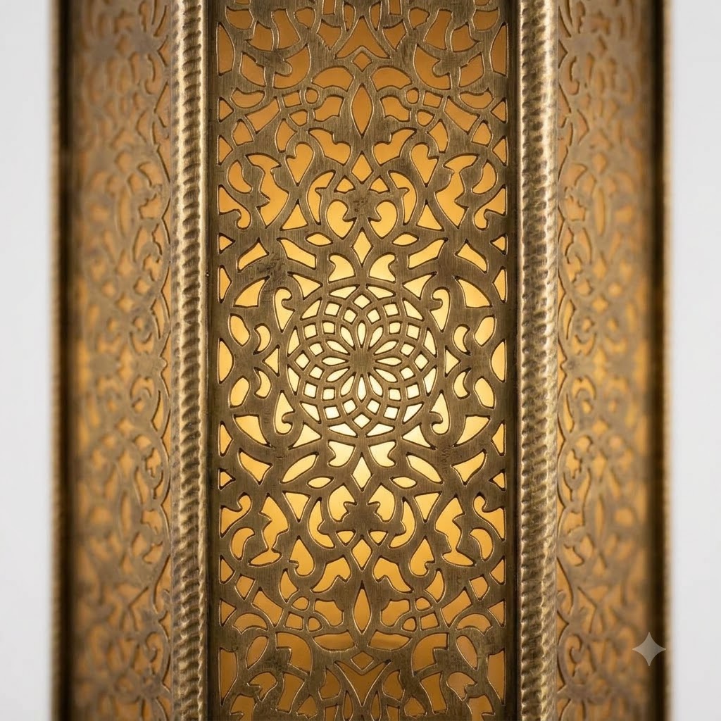 Close-up of illuminated floral lattice on an ornate brass tower wall lantern