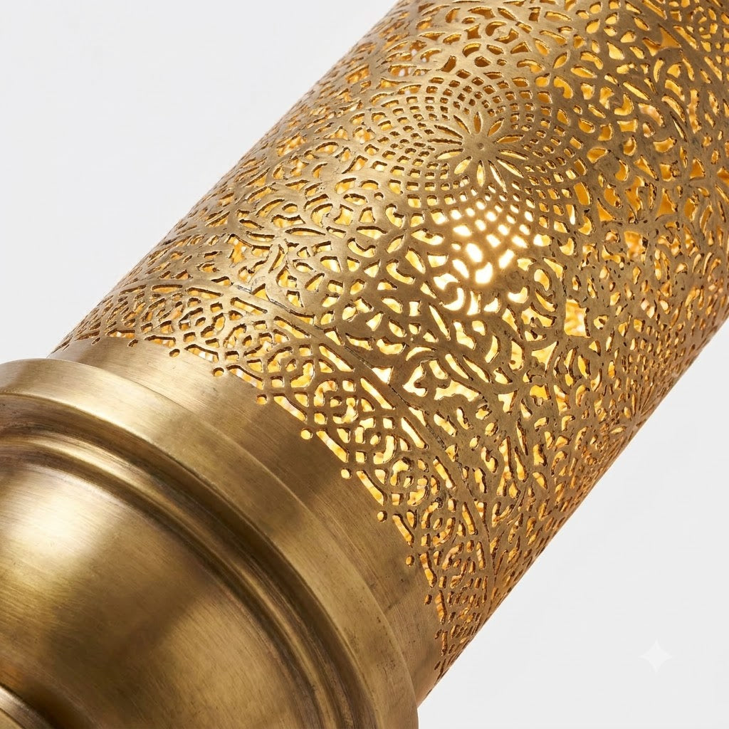 Moroccan Brass Lantern Pendant 70 cm with a tall cylindrical silhouette and pierced brass motifs
