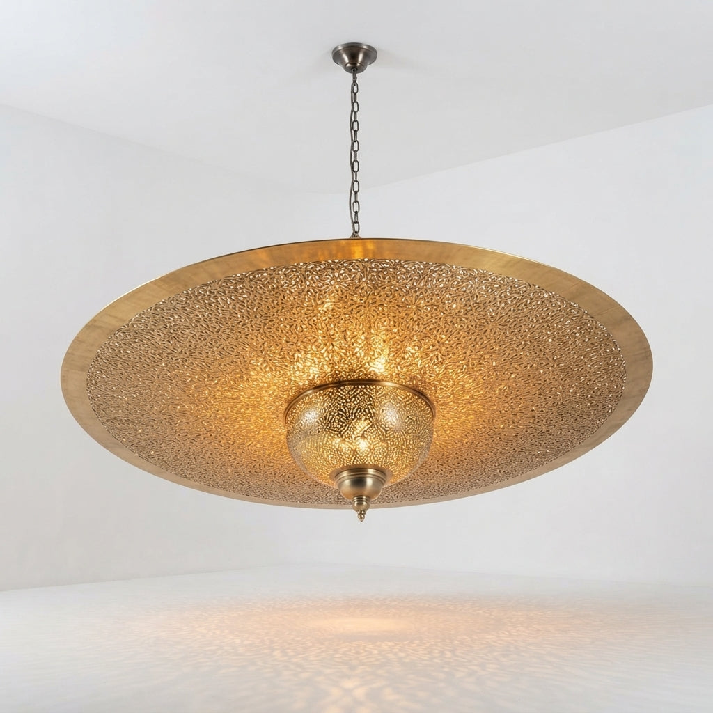 Large Moroccan Filigree Dish Pendant with a broad filigree brass dish
