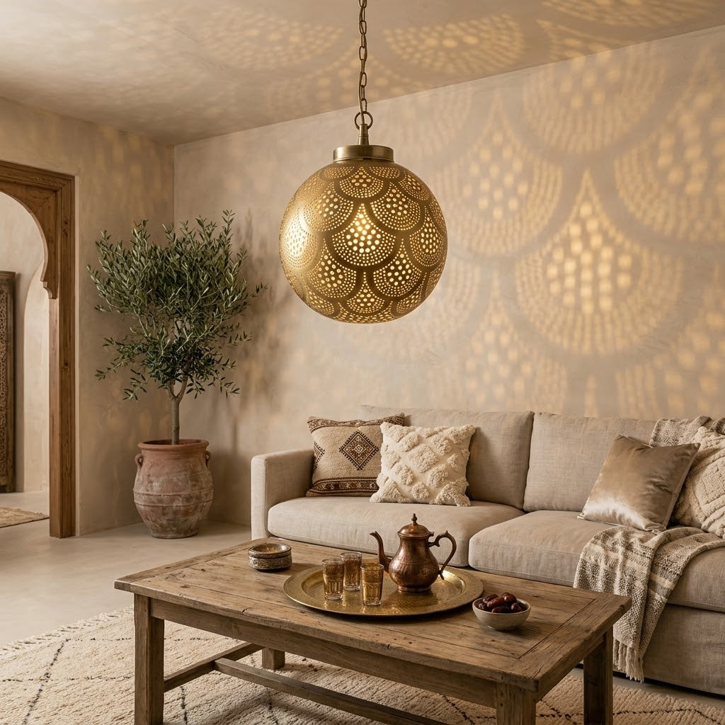 Brass Scallop Dots globe pendant casting curved patterns above a living room sofa