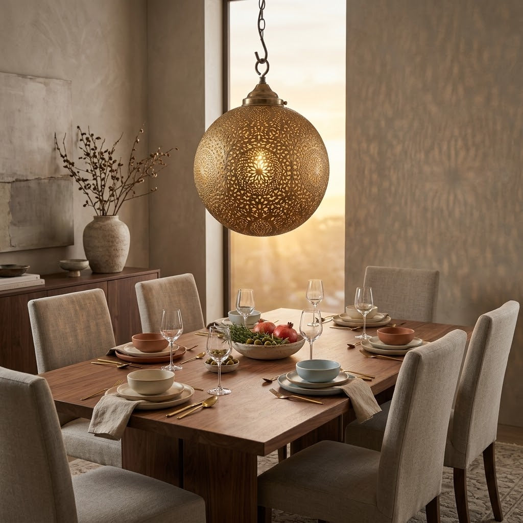 Floral Medallions brass globe pendant above a set dining table