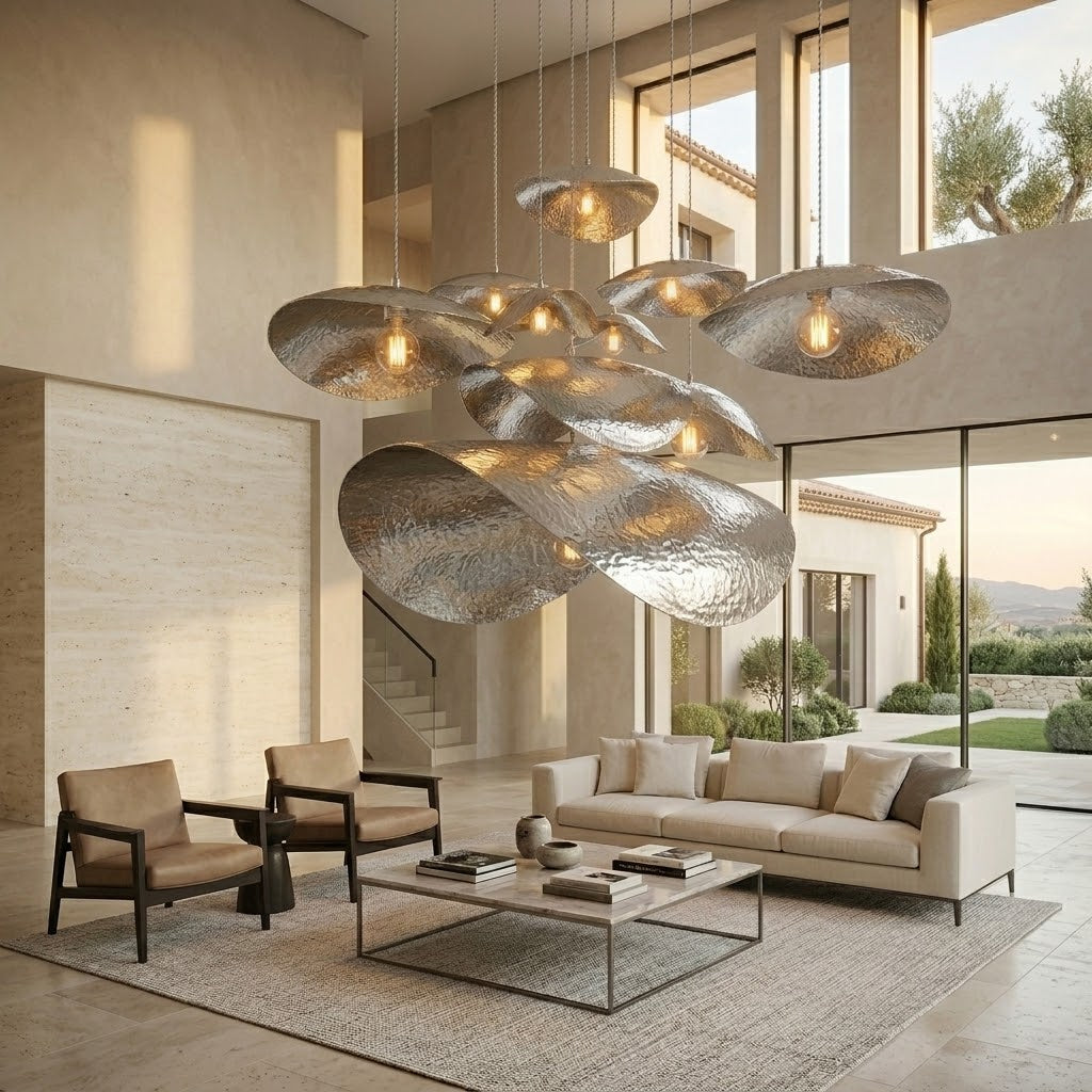 Overlapping silver petal shades suspended above a cream sofa and coffee table