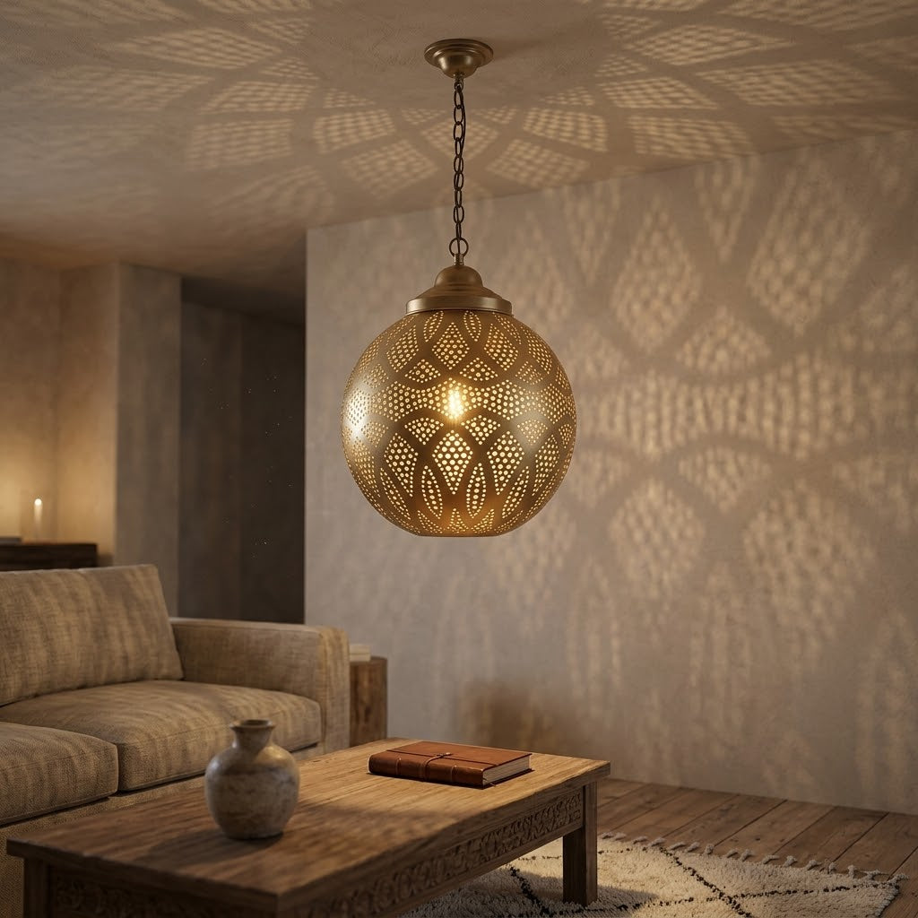 Diamond Lattice brass pendant above a wood coffee table beside a sofa