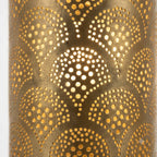 Close-up of glowing teardrop-shaped perforations on a brass wall sconce