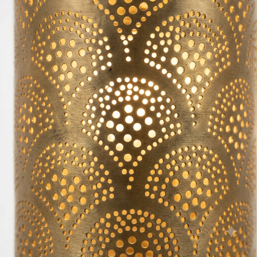 Close-up of glowing teardrop-shaped perforations on a brass wall sconce