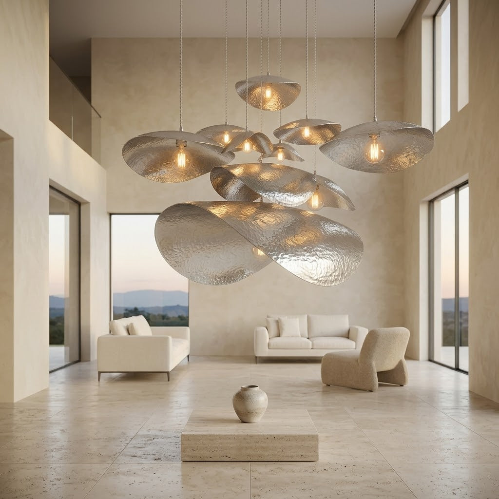 Large silver petal pendant above a coffee table in a bright living room