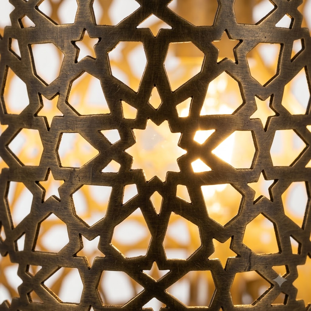 Close-up of illuminated star-shaped lattice cutouts in a Moroccan brass wall sconce