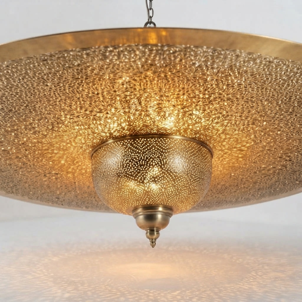 Large Moroccan Filigree Dish Pendant with a broad filigree brass dish