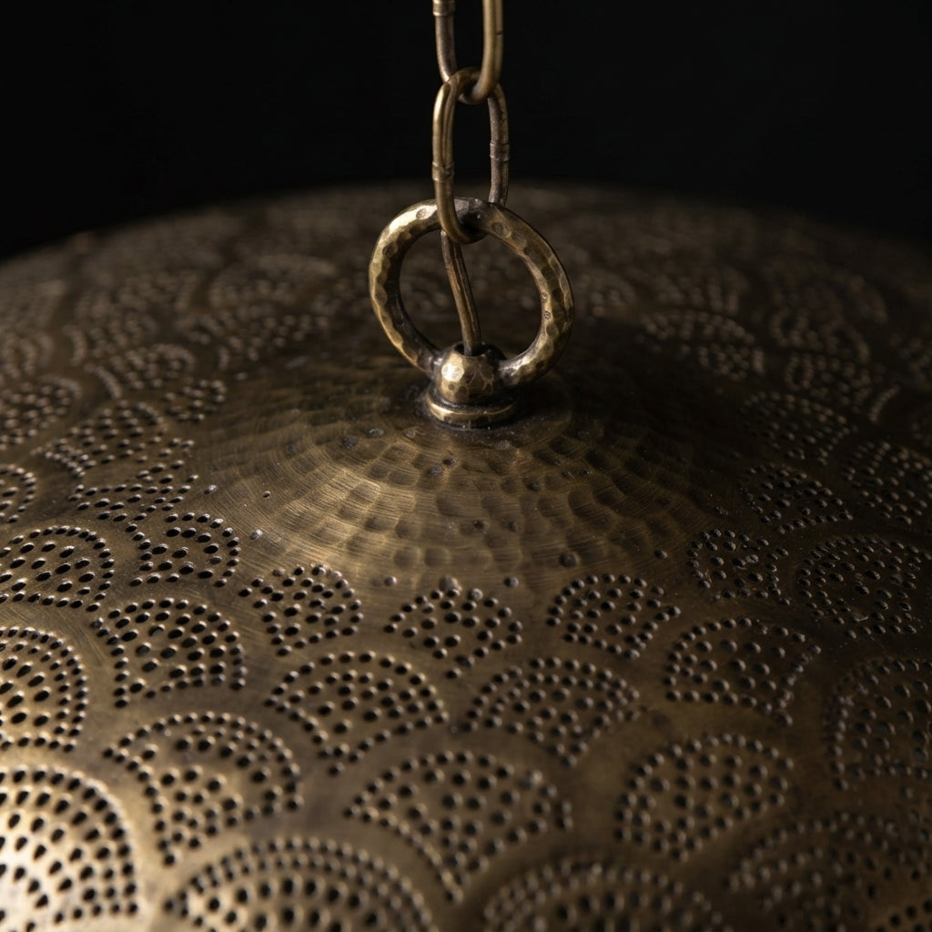 Moroccan Scallop Brass Pendant Light with scallop-inspired brass perforations