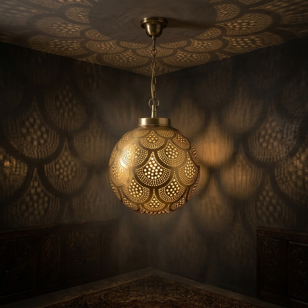 Brass globe pendant casting scalloped patterns across dark walls and ceiling