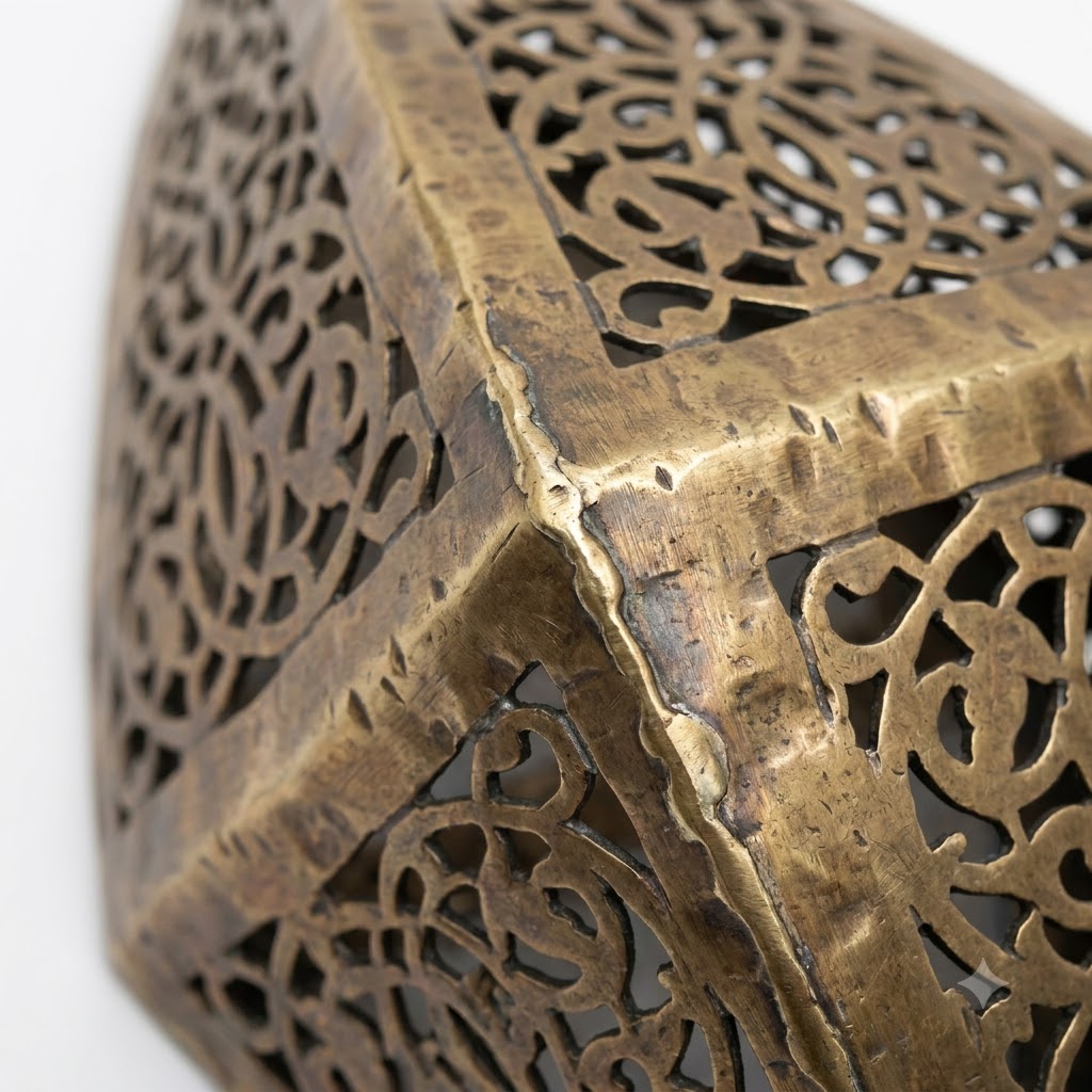 Close-up of the seams and floral cutouts on a faceted brass teardrop wall sconce