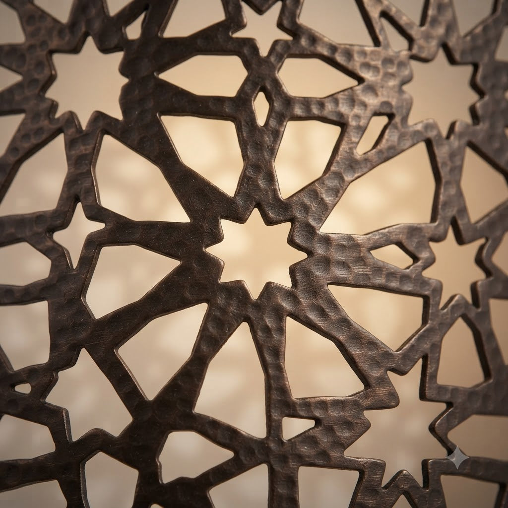 Close-up of large star-shaped cutouts on a dark brass lattice wall sconce