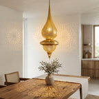 Moroccan Double Teardrop Pendant 1 m with a double-body teardrop silhouette and pierced brass