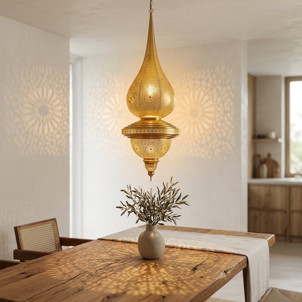 Moroccan Double Teardrop Pendant 1 m with a double-body teardrop silhouette and pierced brass