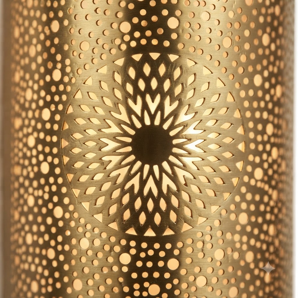 Close-up of an illuminated sunflower medallion and tiny perforations in a brass wall sconce