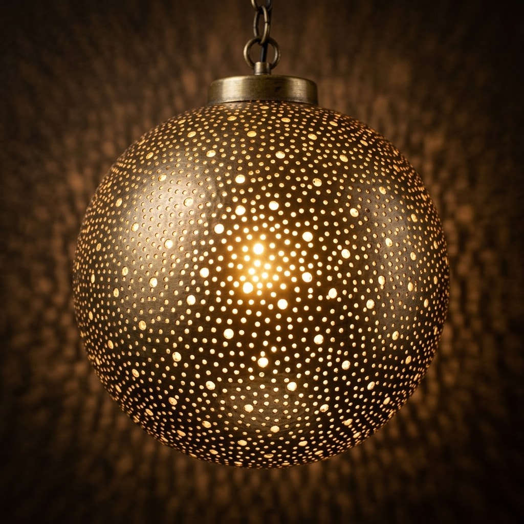 Close-up of the dotted perforations on an illuminated Starfield brass globe pendant