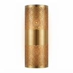 Tall gold-toned brass wall sconce with two pierced rosette bands and a smooth central band