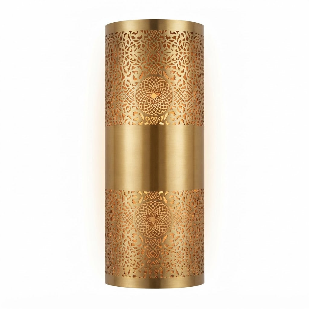 Tall gold-toned brass wall sconce with two pierced rosette bands and a smooth central band
