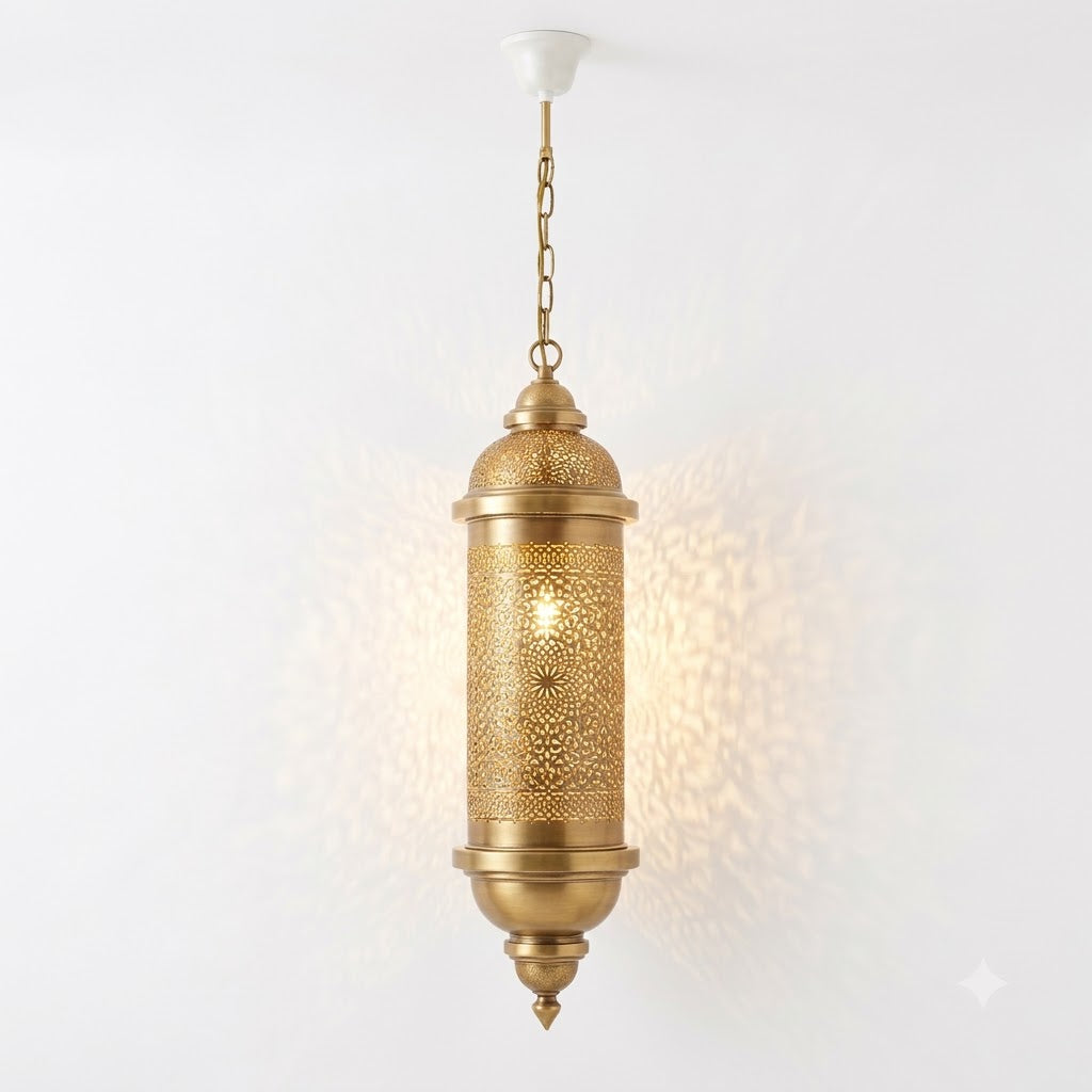 Moroccan Brass Lantern Pendant 70 cm with a tall cylindrical silhouette and pierced brass motifs