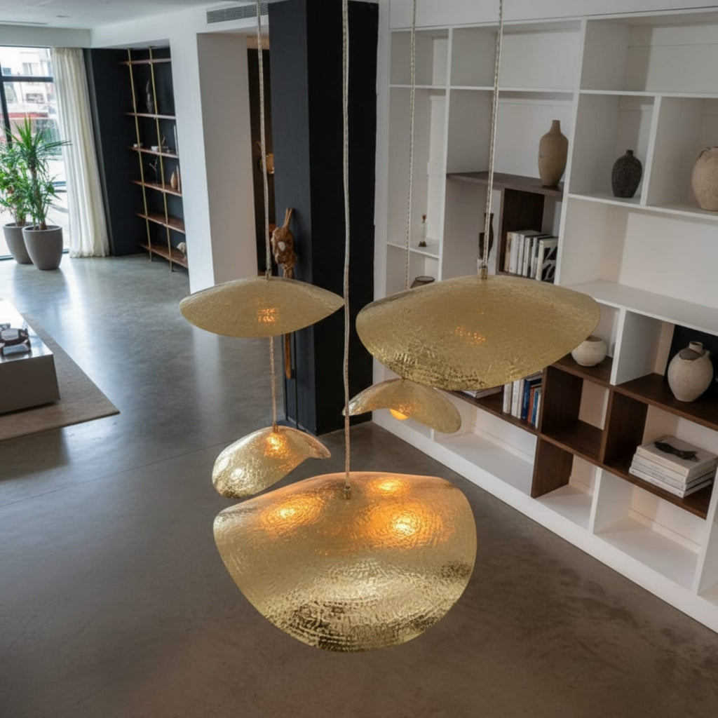 Hammered Brass Petal Pendant Light with curved hammered brass petals