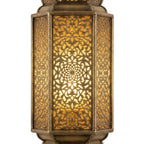 Front view of an ornate brass tower wall lantern with pierced floral panels