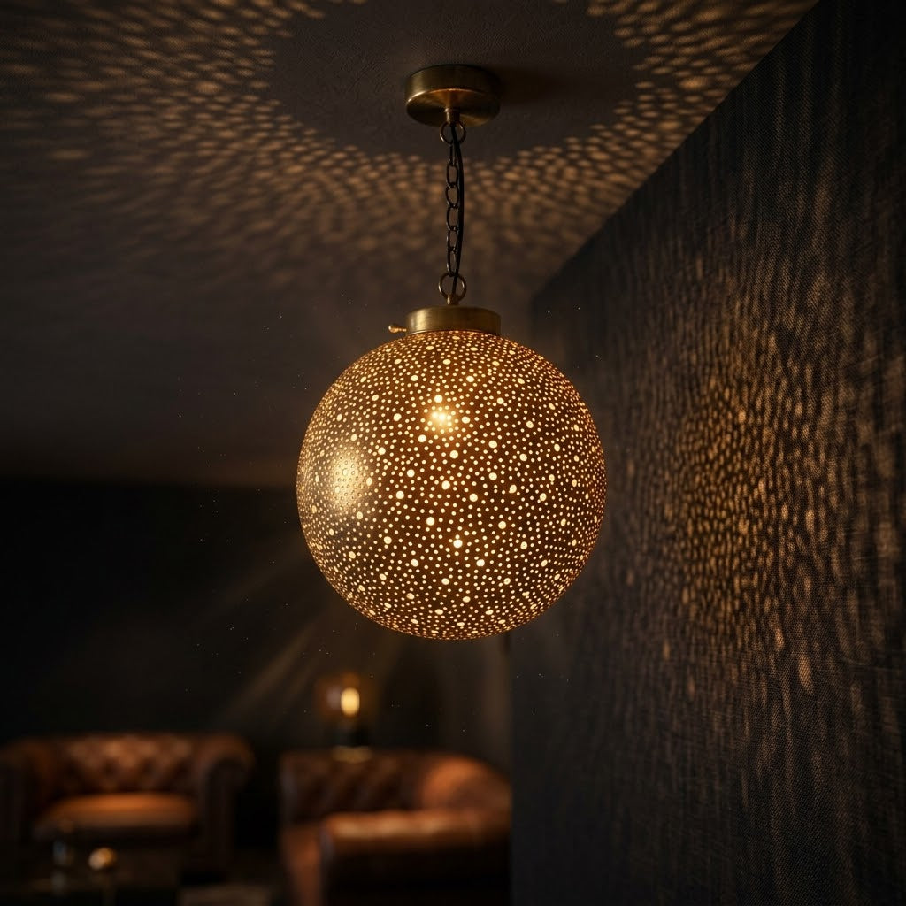 Starfield brass globe pendant projecting fine points of light onto dark walls