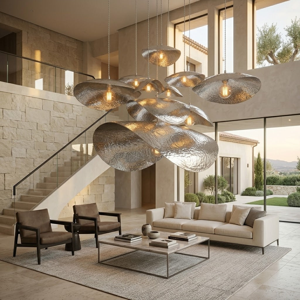 Silver hammered petal pendant in a living room beside an open staircase