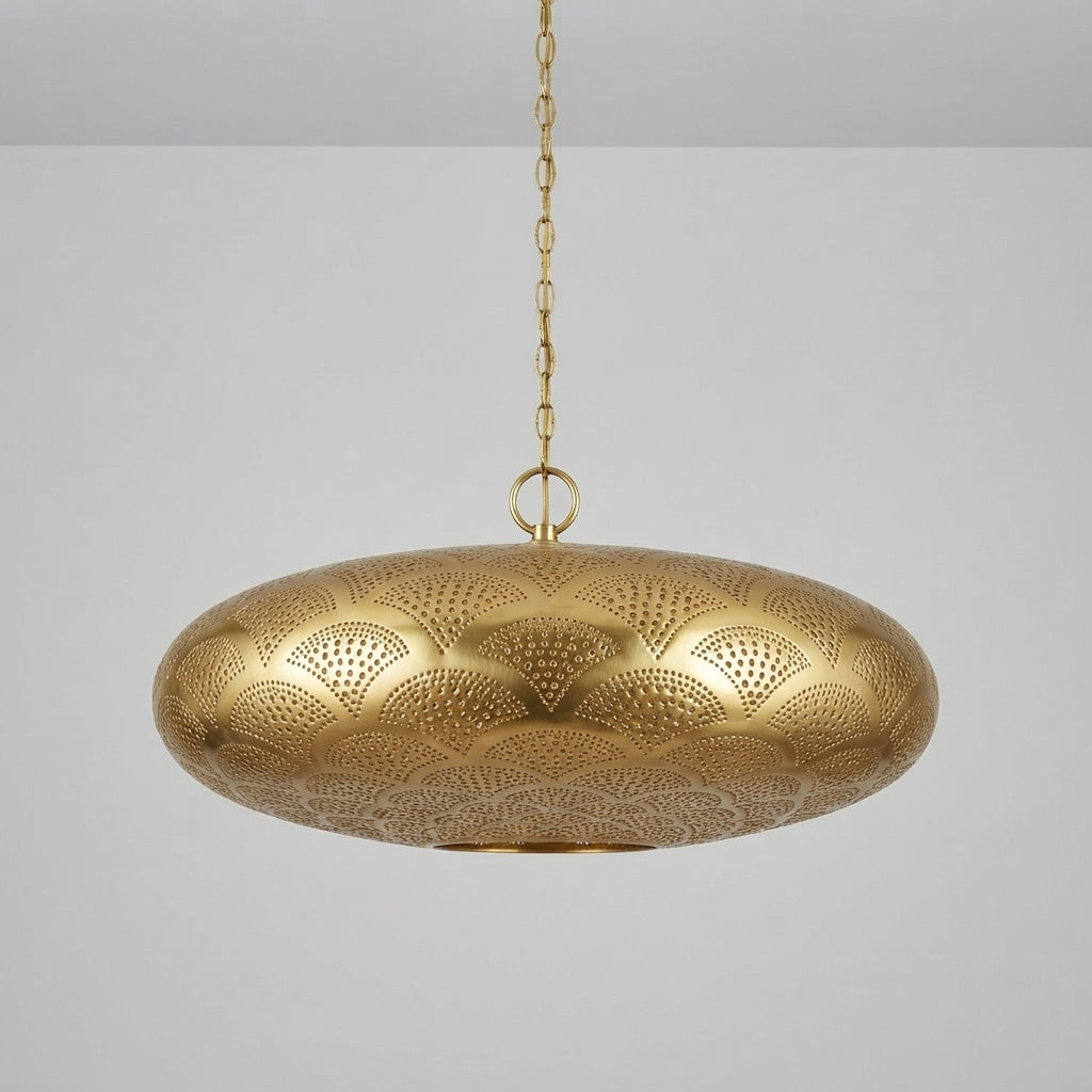 Moroccan Scallop Brass Pendant Light with scallop-inspired brass perforations