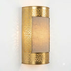 Illuminated brass wall sconce with a rectangular central panel and pierced geometric borders