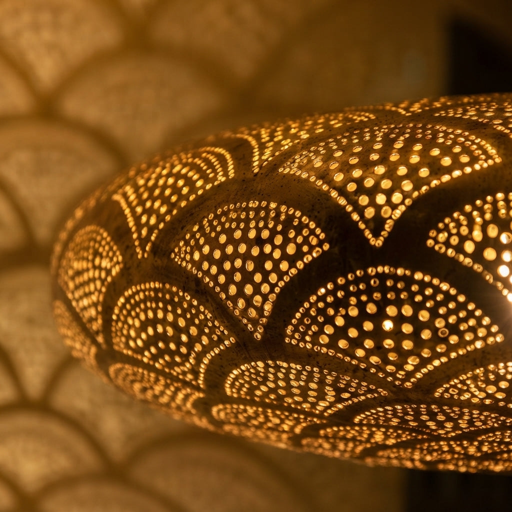 Moroccan Scallop Brass Pendant Light with scallop-inspired brass perforations