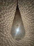 Moroccan Perforated Teardrop Pendant with a perforated brass teardrop silhouette