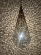 Moroccan Perforated Teardrop Pendant with a perforated brass teardrop silhouette