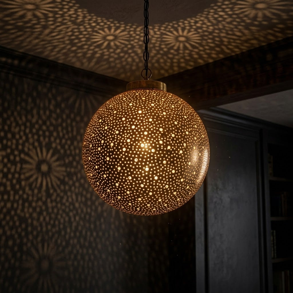 Starfield brass globe pendant casting dotted light patterns onto a dark ceiling