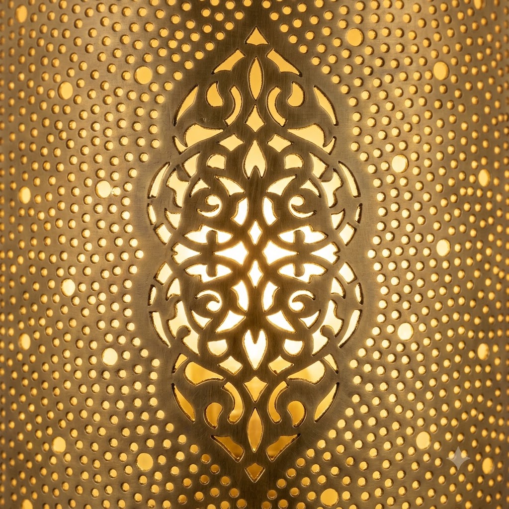 Illuminated arabesque medallion and tiny perforations in a Moroccan brass wall sconce