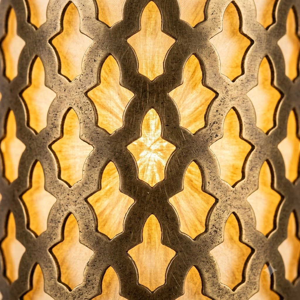 Close-up of interlocking lattice cutouts in a Moroccan brass wall sconce