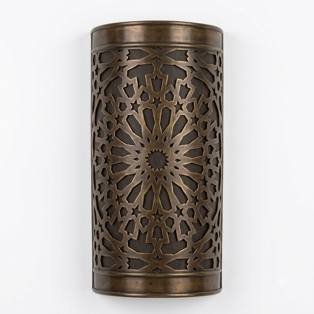 Front view of a curved dark brass wall sconce with a pierced starburst design