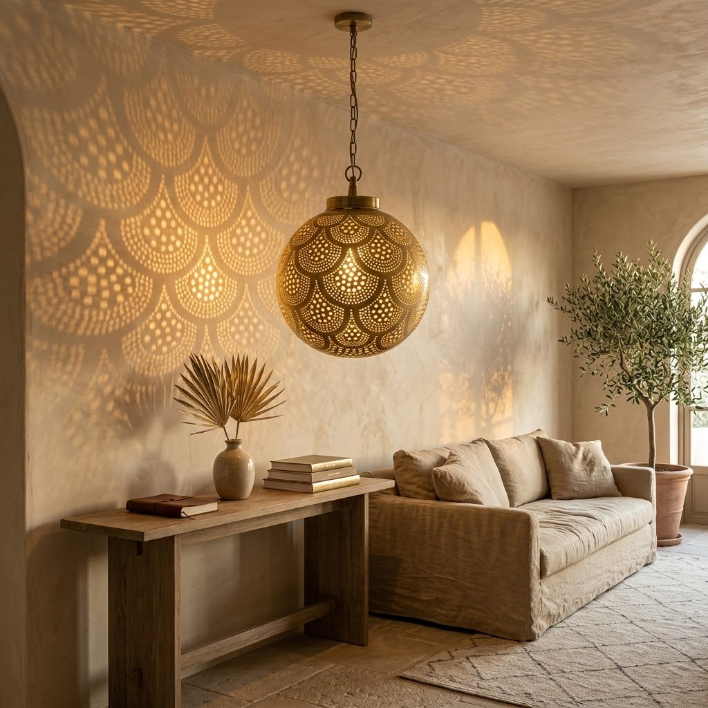 Scallop Dots brass pendant above a console table beside a cream sofa
