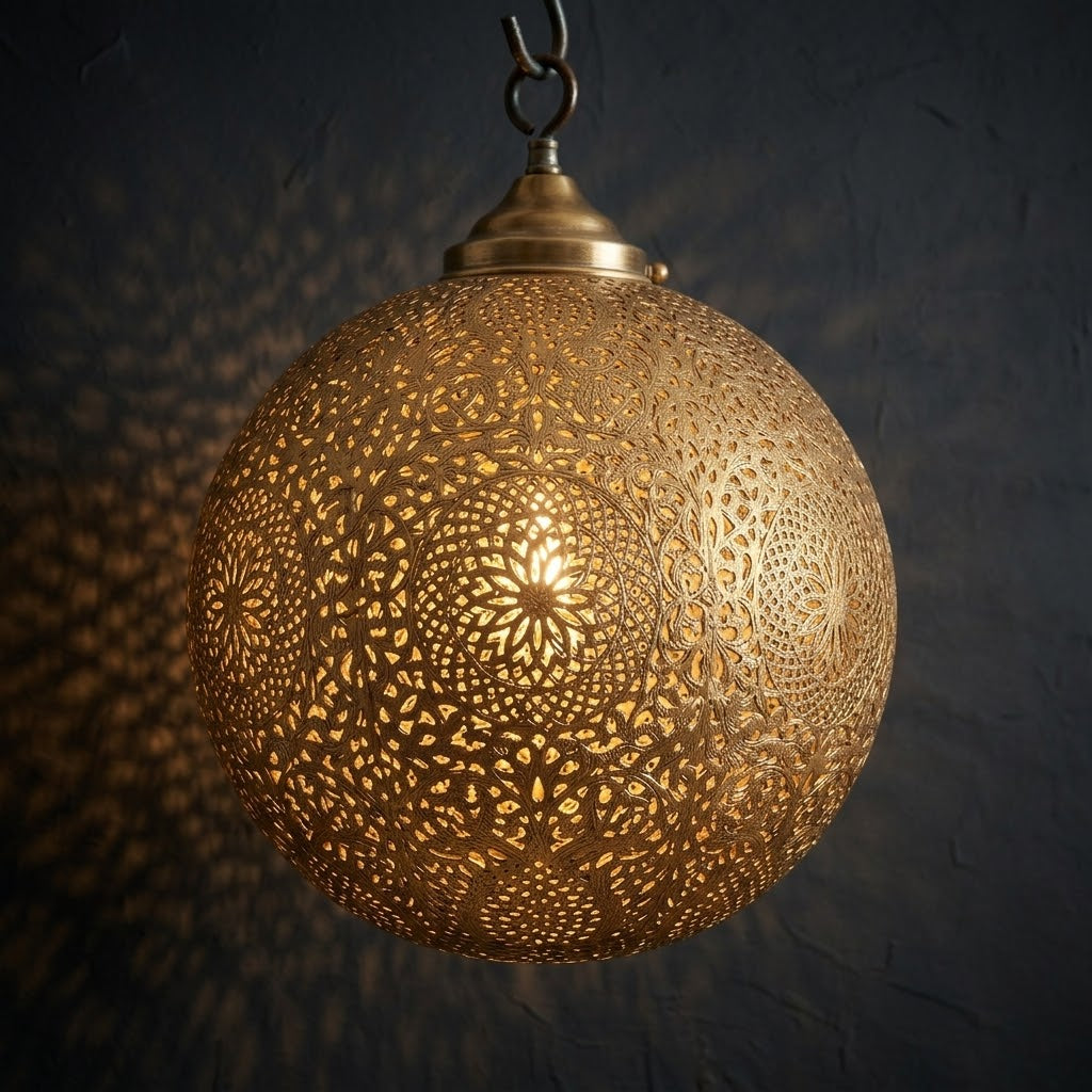 Close-up of an illuminated brass pendant with pierced floral medallions