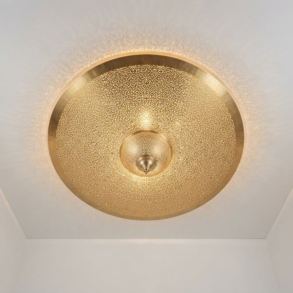 Large Moroccan Filigree Dish Pendant with a broad filigree brass dish